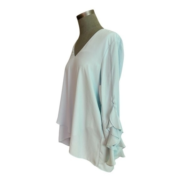 Karen Kane Women's Asymmetrical V-Neck Blouse M Fiji Teal Green Crepe NWT $98 - Picture 4 of 9